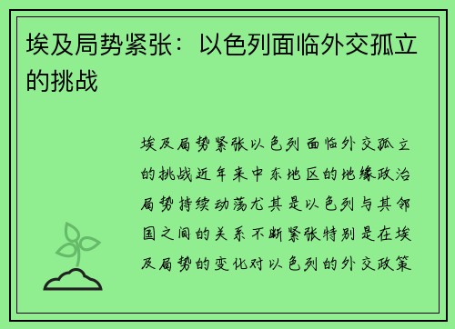 埃及局势紧张：以色列面临外交孤立的挑战