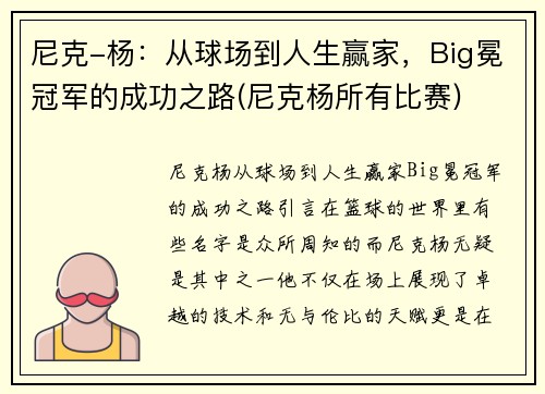 尼克-杨：从球场到人生赢家，Big冕冠军的成功之路(尼克杨所有比赛)