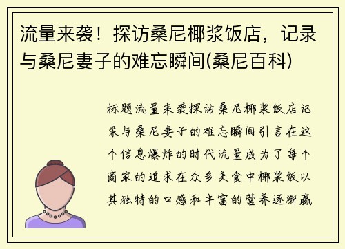 流量来袭！探访桑尼椰浆饭店，记录与桑尼妻子的难忘瞬间(桑尼百科)