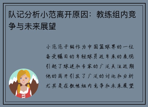 队记分析小范离开原因：教练组内竞争与未来展望