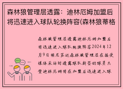 森林狼管理层透露：迪林厄姆加盟后将迅速进入球队轮换阵容(森林狼蒂格)