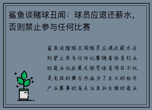 鲨鱼谈赌球丑闻：球员应退还薪水，否则禁止参与任何比赛