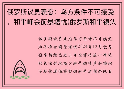 俄罗斯议员表态：乌方条件不可接受，和平峰会前景堪忧(俄罗斯和平镜头)