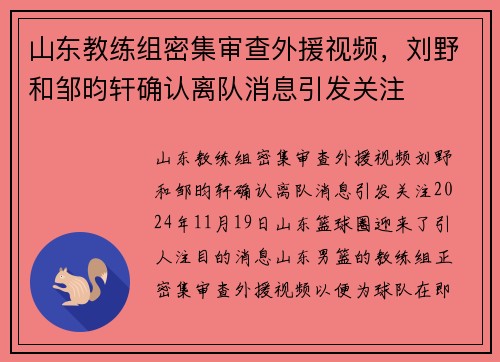 山东教练组密集审查外援视频，刘野和邹昀轩确认离队消息引发关注