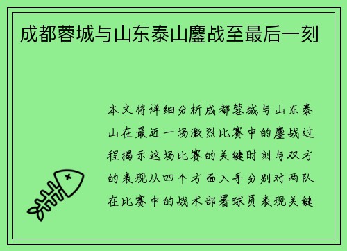 成都蓉城与山东泰山鏖战至最后一刻