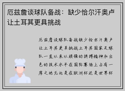 厄兹詹谈球队备战：缺少恰尔汗奥卢让土耳其更具挑战