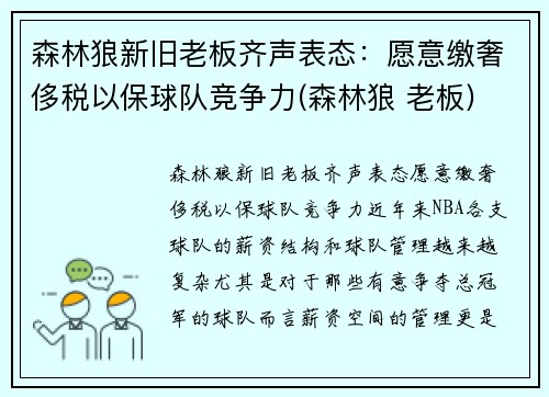森林狼新旧老板齐声表态：愿意缴奢侈税以保球队竞争力(森林狼 老板)