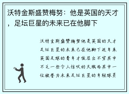 沃特金斯盛赞梅努：他是英国的天才，足坛巨星的未来已在他脚下