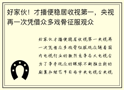 好家伙！才播便稳居收视第一，央视再一次凭借众多戏骨征服观众